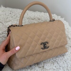 Caviar Quilted Small Coco Handle Flap Light Beige USED